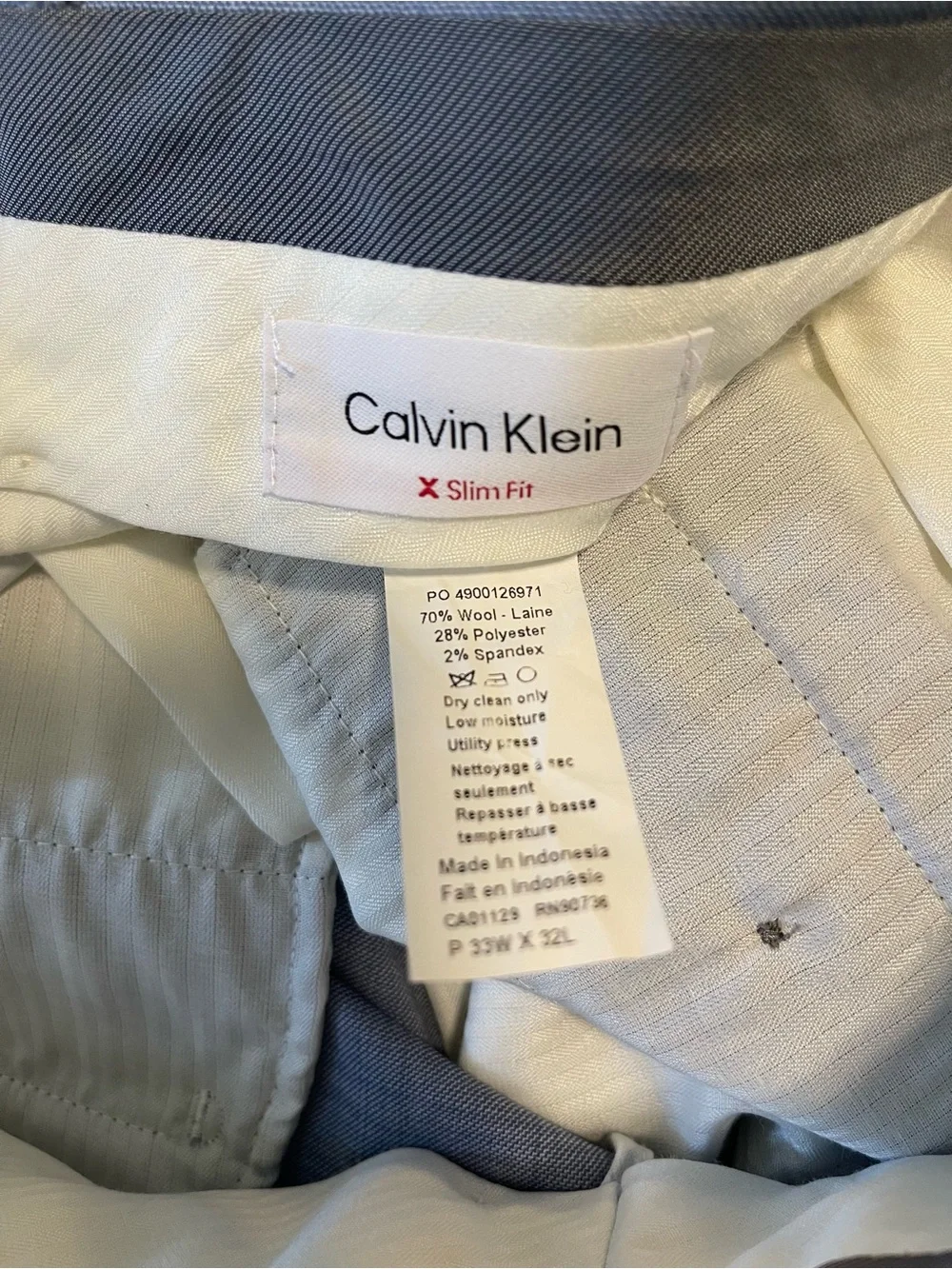 Calvin Klein x Slim Fit Dress Pants 33W Inseam 32 Blue Wool Blend Modern Formal